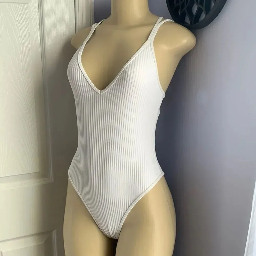 Designer low cut Sexy plunge Ribbed Swimsuit Swimwear White
